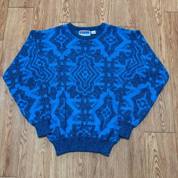 Vintage 90s Geometric Pattern Blue Grandpa‎ Sweater - Picture 1 of 6